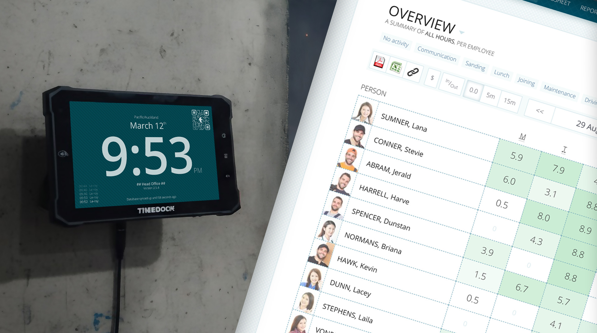 Time tracking system dashboard shown on a desktop monitor and mobile device.